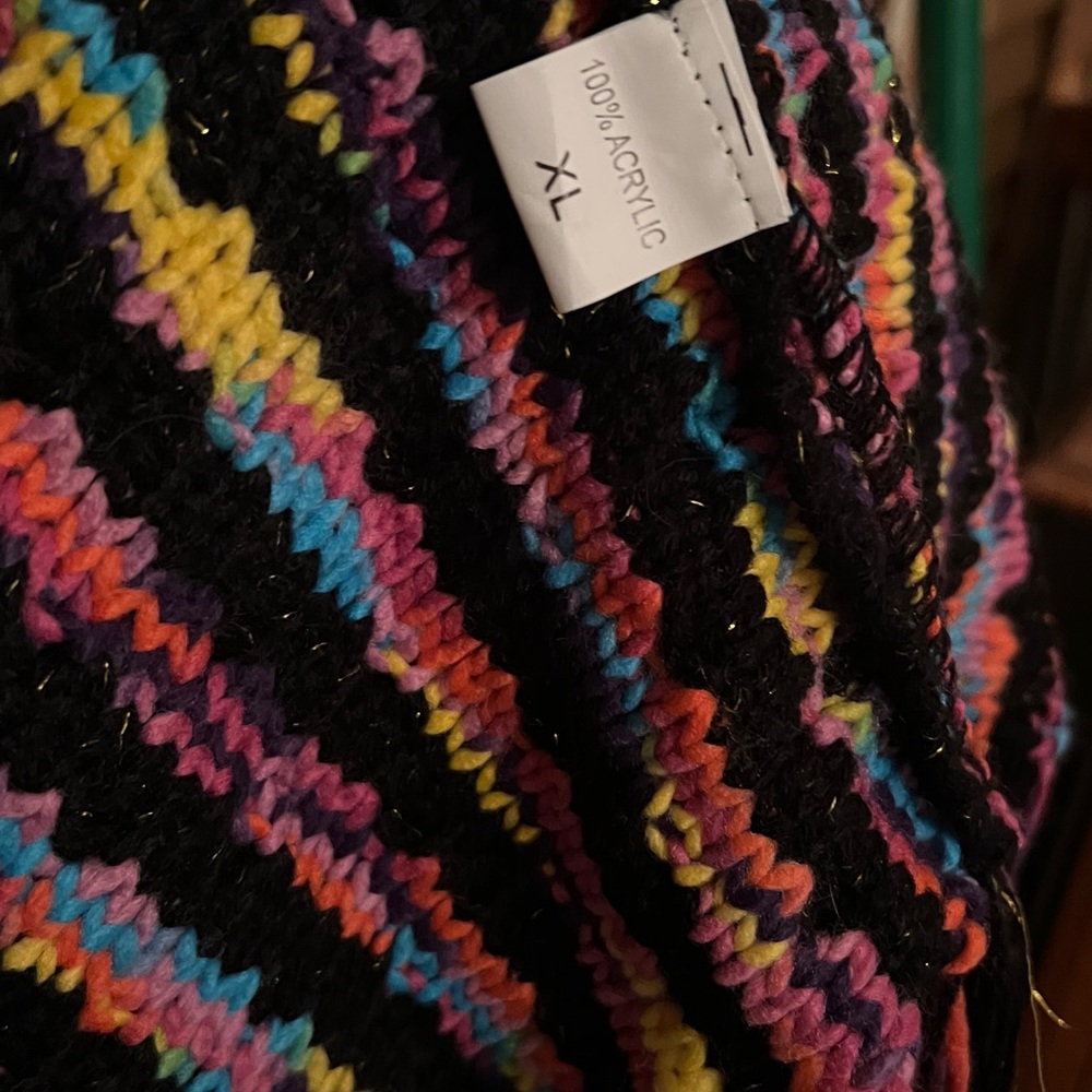 NWOT- XL FRINGED MAXI CARDI OPEN KNIT TRENCH in BLACK PINK BLUE & GOLD METALLIC - Picture 10 of 13